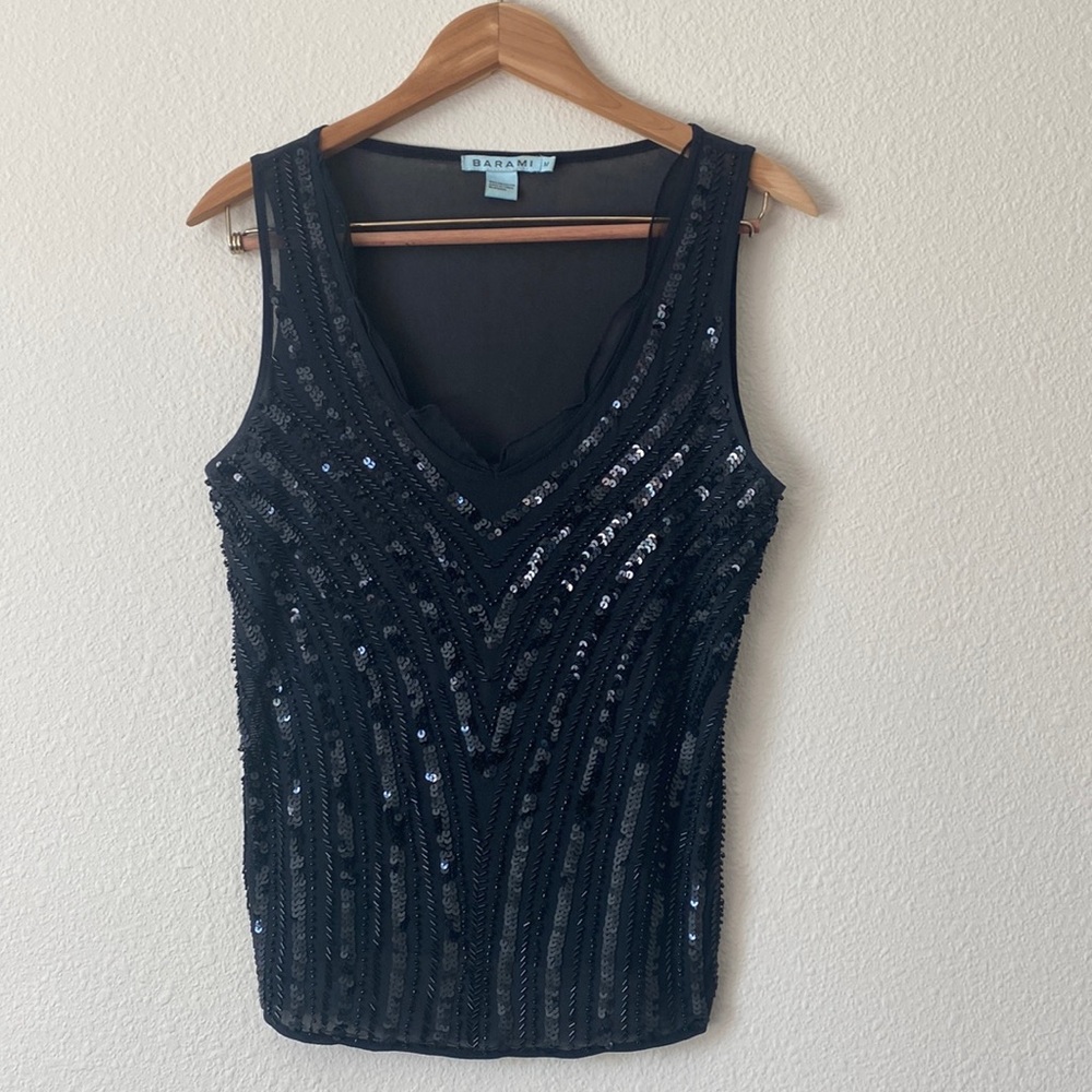 Barami Sleeveless V-Neck Woman Sequins Black Evening Top Size Medium